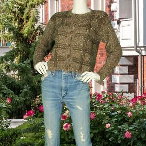 Vintage Lise J Chenille Plaid Mohair Wool Blend Cardigan Sweater M